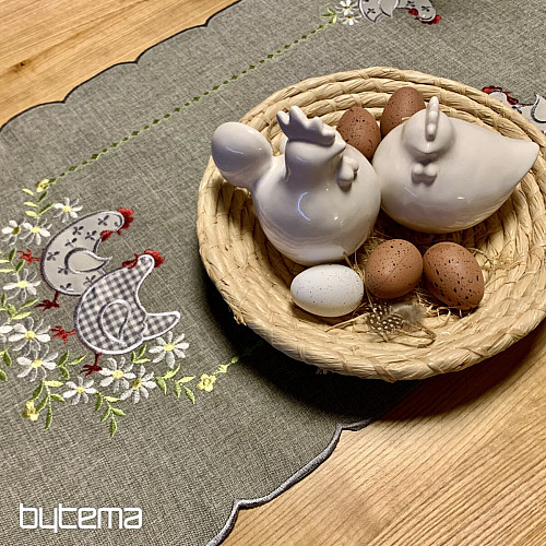 Nappe et écharpe de Pâques brodées POULE ET FLEURS gris