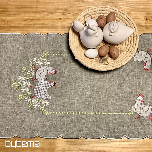 Nappe et écharpe de Pâques brodées POULE ET FLEURS gris