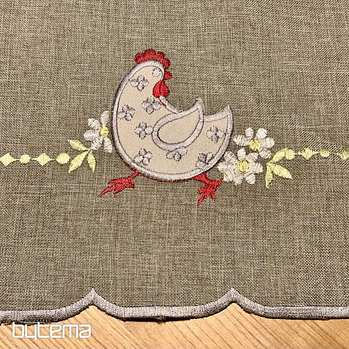 Nappe et écharpe de Pâques brodées POULE ET FLEURS gris