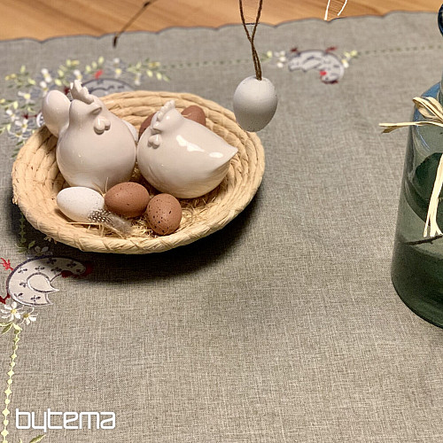Nappe et écharpe de Pâques brodées POULE ET FLEURS gris