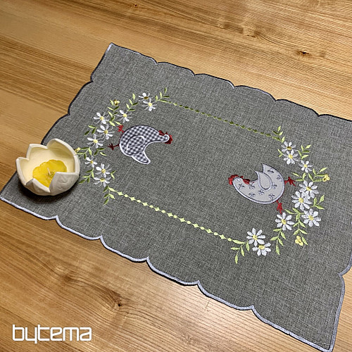 Nappe et écharpe de Pâques brodées POULE ET FLEURS gris