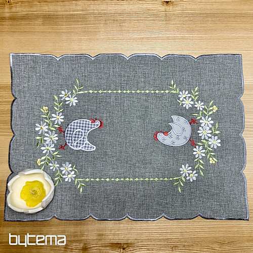 Nappe et écharpe de Pâques brodées POULE ET FLEURS gris