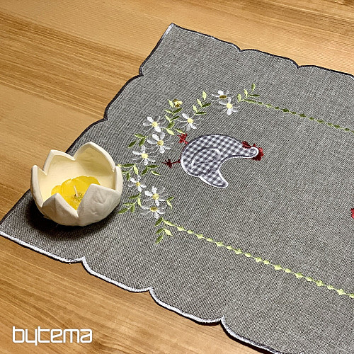 Nappe et écharpe de Pâques brodées POULE ET FLEURS gris