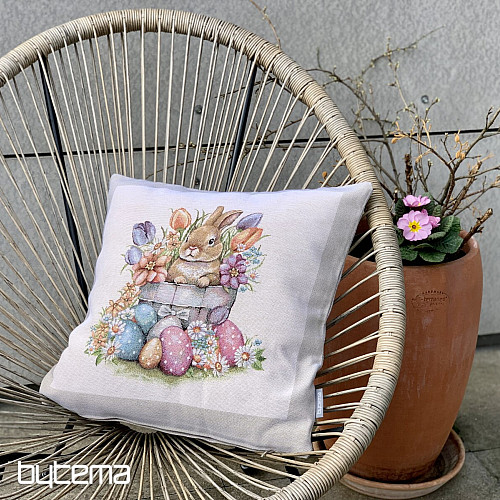 Housse de coussin tapisserie LIEVRE DANS UN POT DE FLEURS cadre beige