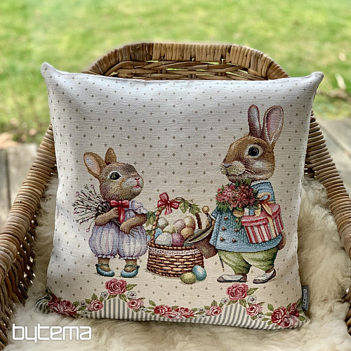Housse de coussin tapisserie LAPIN AUX ROSES beige