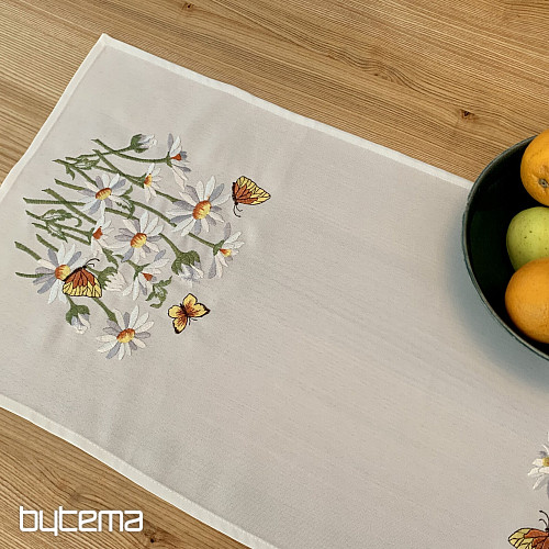 Nappe et foulard brodés MARGUERITES ET PAPILLONS