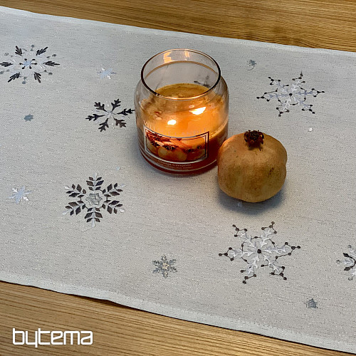 Nappe et écharpe de Noël brodées FLOCON BLANC GRIS