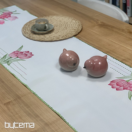 Nappe et foulard brodés Tulipes roses