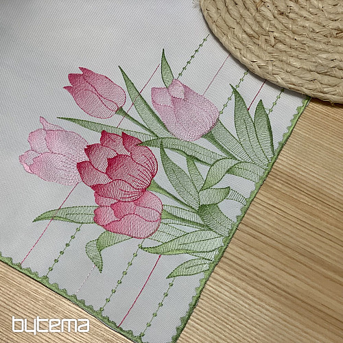 Nappe et foulard brodés Tulipes roses