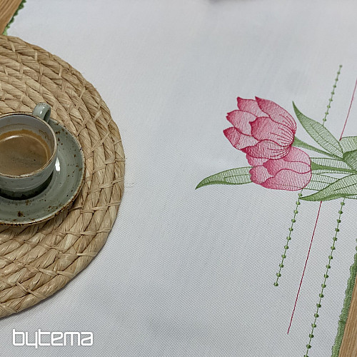 Nappe et foulard brodés Tulipes roses
