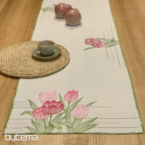 Nappe et foulard brodés Tulipes roses