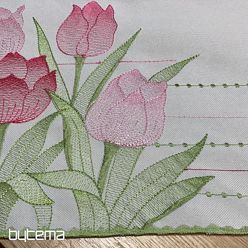 Nappe et foulard brodés Tulipes roses