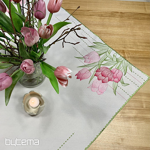 Nappe et foulard brodés Tulipes roses