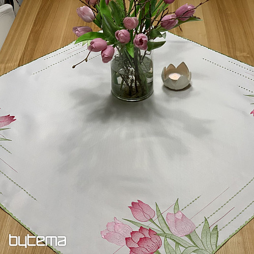 Nappe et foulard brodés Tulipes roses