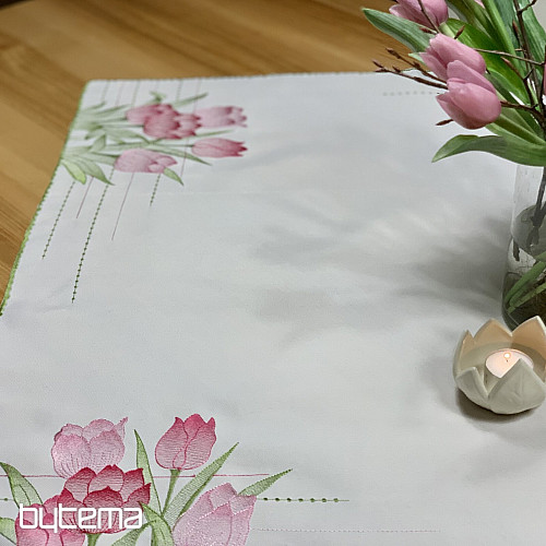 Nappe et foulard brodés Tulipes roses