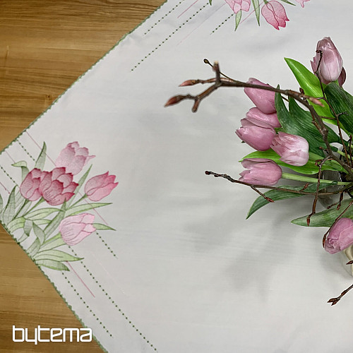 Nappe et foulard brodés Tulipes roses