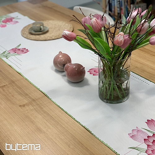 Nappe et foulard brodés Tulipes roses