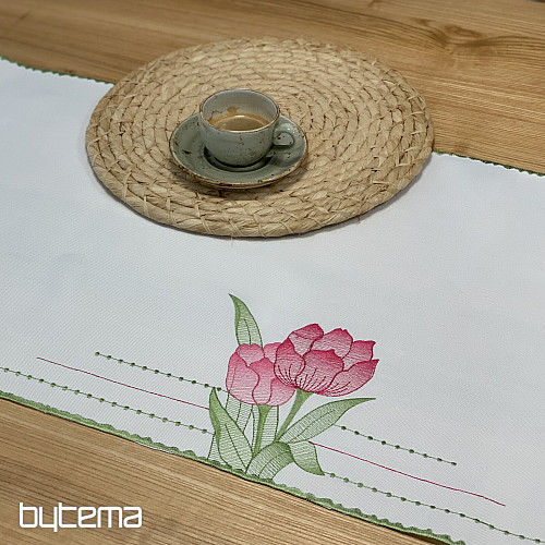 Nappe et foulard brodés Tulipes roses