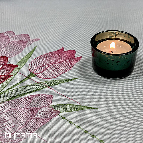 Nappe et foulard brodés Tulipes roses
