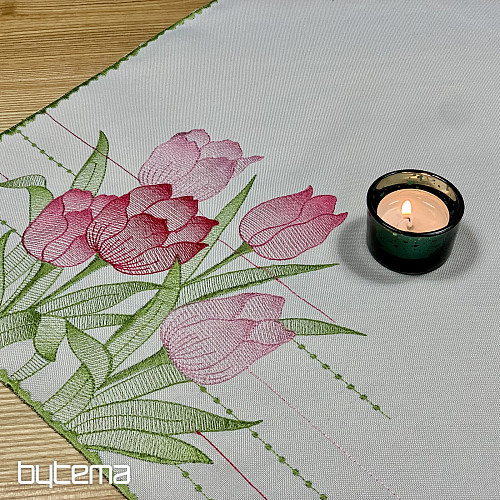 Nappe et foulard brodés Tulipes roses