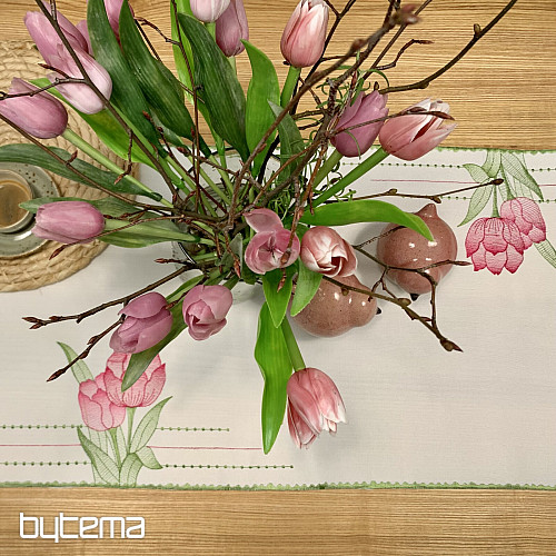 Nappe et foulard brodés Tulipes roses