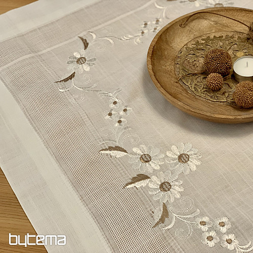 Nappe et foulard brodés MARGUERITES MARRON
