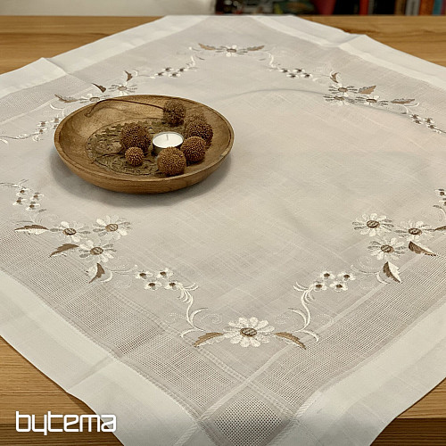 Nappe et foulard brodés MARGUERITES MARRON