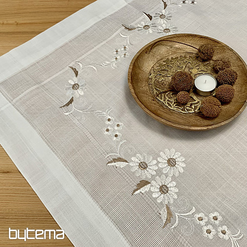 Nappe et foulard brodés MARGUERITES MARRON