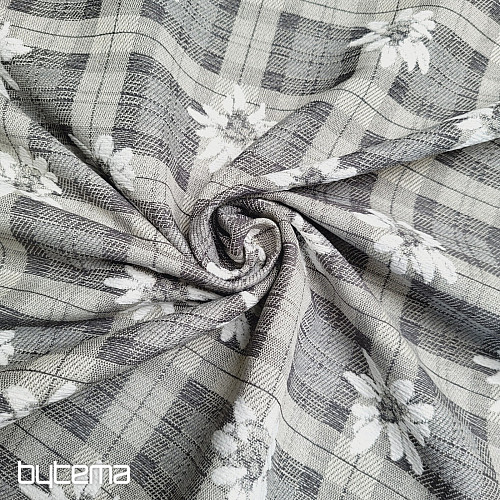 Tissu décoratif luxueux FLEURS ET CARREAUX gris