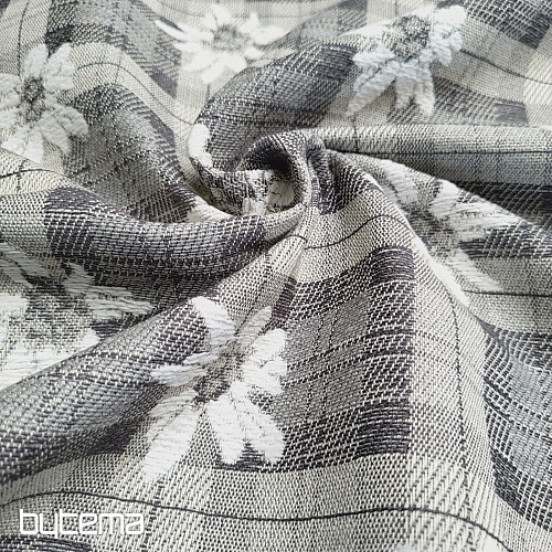 Tissu décoratif luxueux FLEURS ET CARREAUX gris