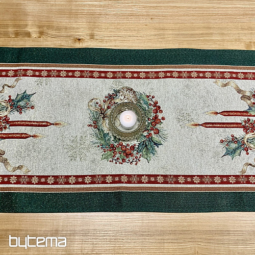 Nappe et écharpe en tapisserie BOUGIES FLAMBOYANTES bordure verte