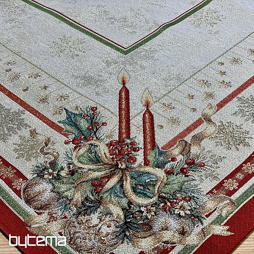 Nappe et écharpe en tapisserie BOUGIES FLAMBOYANTES bordure rouge
