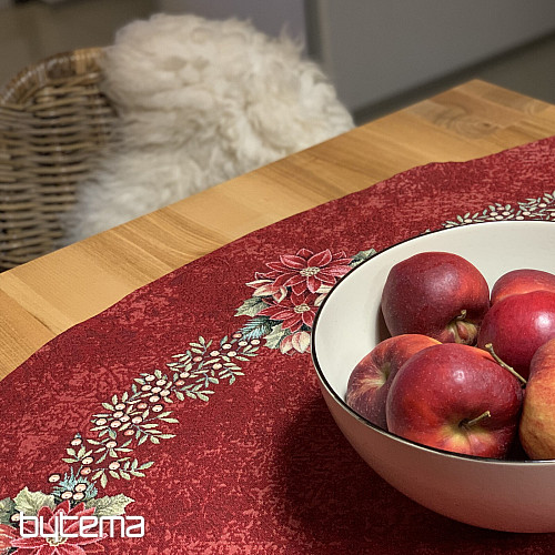 Nappe ronde en tapisserie ROSES DE NOËL - COURONNE DE HOUX ROUGE