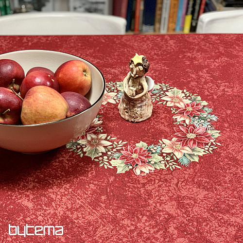 Nappe ronde en tapisserie ROSES DE NOËL - COURONNE DE HOUX ROUGE