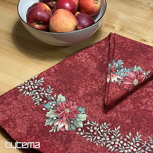 Nappe ronde en tapisserie ROSES DE NOËL - COURONNE DE HOUX ROUGE