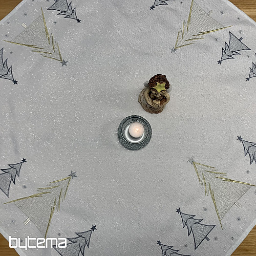 Nappe et foulard brodés GRIS ARBRES DORÉS