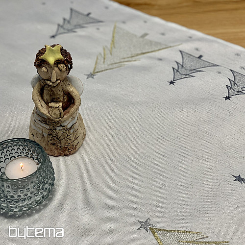 Nappe et foulard brodés GRIS ARBRES DORÉS