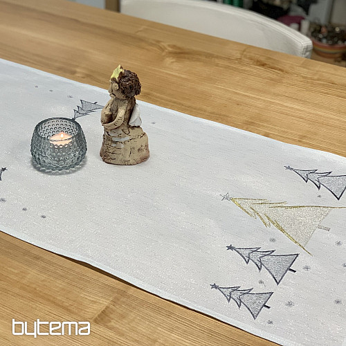 Nappe et foulard brodés GRIS ARBRES DORÉS