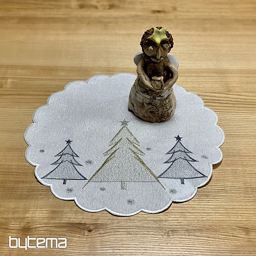 Nappe et foulard brodés GRIS ARBRES DORÉS