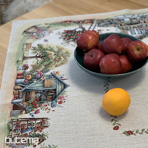 Nappe et foulard en tapisserie, maison de jardin
