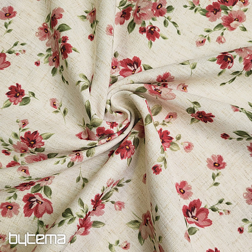 Tissu décoratif FLEURS LINO rouge