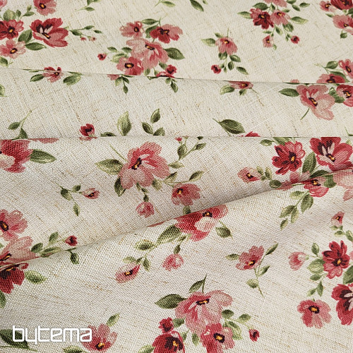 Tissu décoratif FLEURS LINO rouge