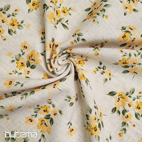 Tissu décoratif FLEURS LINO jaune
