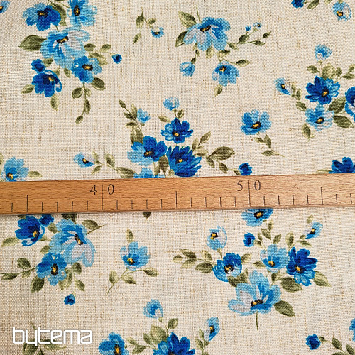 Tissu décoratif FLEURS LINO bleu