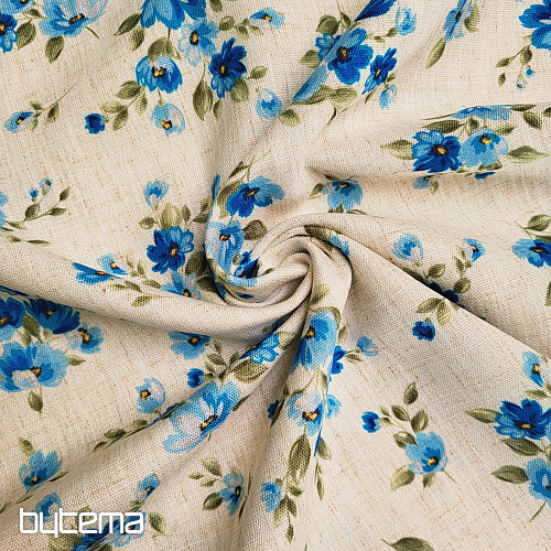 Tissu décoratif FLEURS LINO bleu
