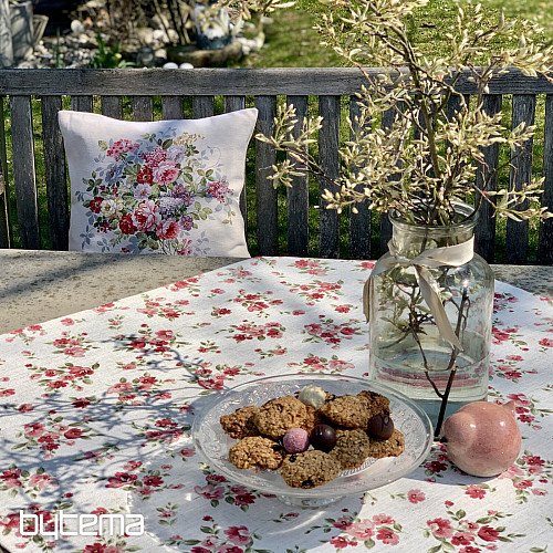 Nappe et foulard FLEURS LINO rouge