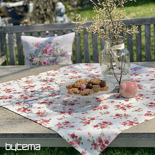 Nappe et foulard FLEURS LINO rouge