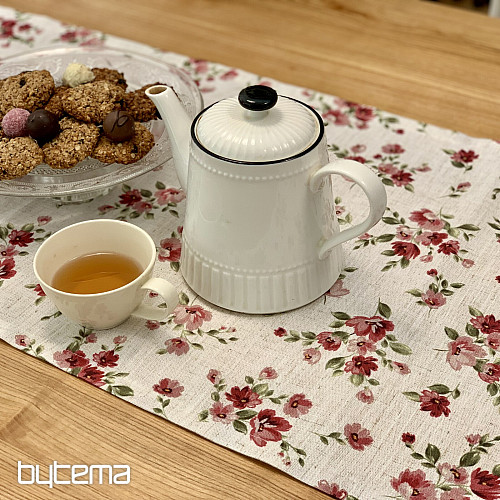 Nappe et foulard FLEURS LINO rouge