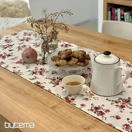 Nappe et foulard FLEURS LINO rouge