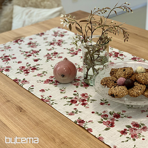 Nappe et foulard FLEURS LINO rouge